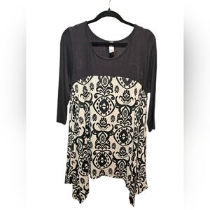 Honeyme Women's Black and Cream Patterned Scoop Neck Dress/Tunic, Sz M